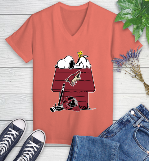 Arizona Coyotes NHL Hockey Snoopy Woodstock The Peanuts Movie Women's V-Neck T-Shirt 6