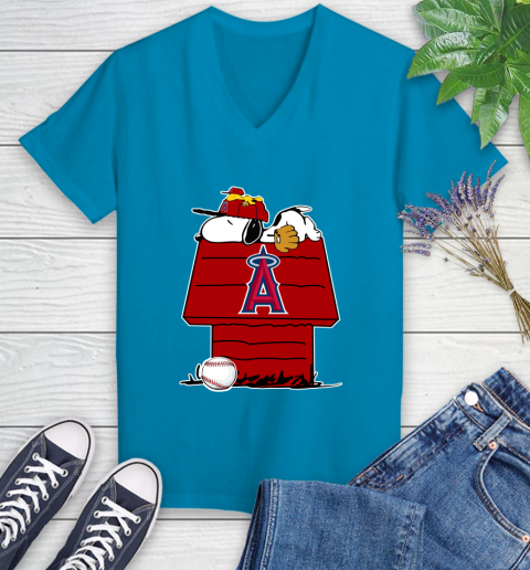 MLB Los Angeles Angels Snoopy Woodstock The Peanuts Movie Baseball T Shirt Women's V-Neck T-Shirt 7