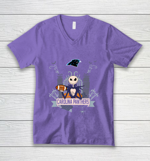 NFL Carolina Panthers Football Jack Skellington Halloween V-Neck T-Shirt 8
