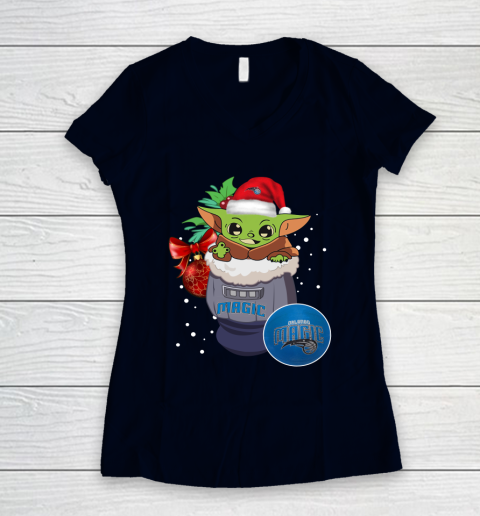 Orlando Magic Christmas Baby Yoda Star Wars Funny Happy NBA Women's V-Neck T-Shirt 3