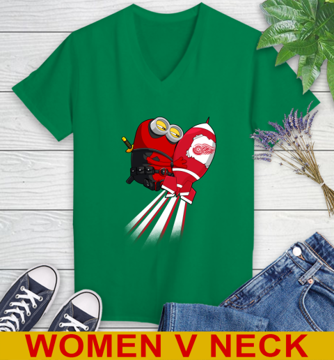 NHL Hockey Detroit Red Wings Deadpool Minion Marvel Shirt Women's V-Neck T-Shirt 5