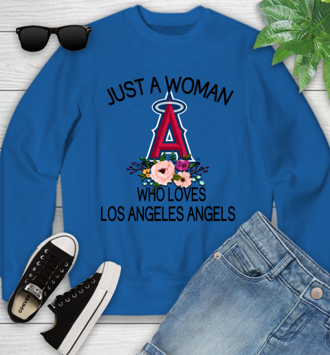 MLB Just A Woman Who Loves Los Angeles Angels Baseball Sports Youth Sweatshirt 4