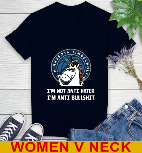 Minnesota Timberwolves NBA Basketball Unicorn I'm Not Anti Hater I'm Anti Bullshit Women's V-Neck T-Shirt 3