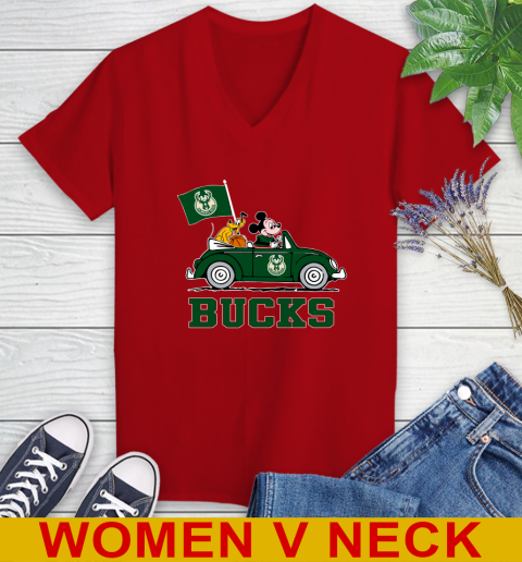 NBA Basketball Milwaukee Bucks Pluto Mickey Driving Disney Shirt Women's V-Neck T-Shirt 12