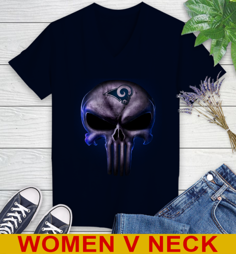 Los Angeles Rams NFL Football Punisher Skull Sports Women's V-Neck T-Shirt 3 Los Angeles Rams NFL Football Punisher Skull Sports Women's V-Neck T-Shirt - Image 3
