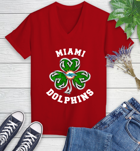 NFL Miami Dolphins Three Leaf Clover St Patrick's Day Football Sports Women's V-Neck T-Shirt 11