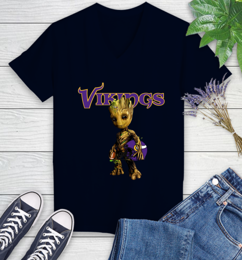 Minnesota Vikings NFL Football Groot Marvel Guardians Of The Galaxy Women's V-Neck T-Shirt 3