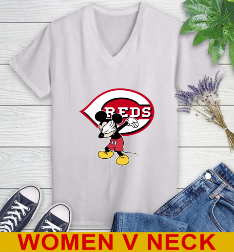 Cincinnati Reds MLB Baseball Dabbing Mickey Disney Sports Women's V-Neck T-Shirt