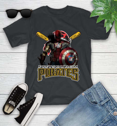 MLB Captain America Thor Spider Man Hawkeye Avengers Endgame Baseball Pittsburgh Pirates Youth T-Shirt 2