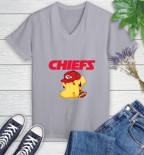 NFL Pikachu Football Sports Kansas City Chiefs Women's V-Neck T-Shirt 4