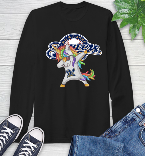 Milwaukee Brewers MLB Baseball Funny Unicorn Dabbing Sports Long Sleeve T-Shirt 2