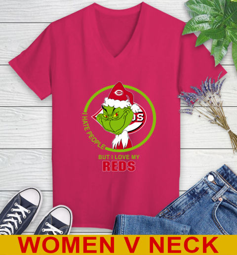 Cincinnati Reds MLB Christmas Grinch I Hate People But I Love My Favorite Baseball Team Women's V-Neck T-Shirt 10