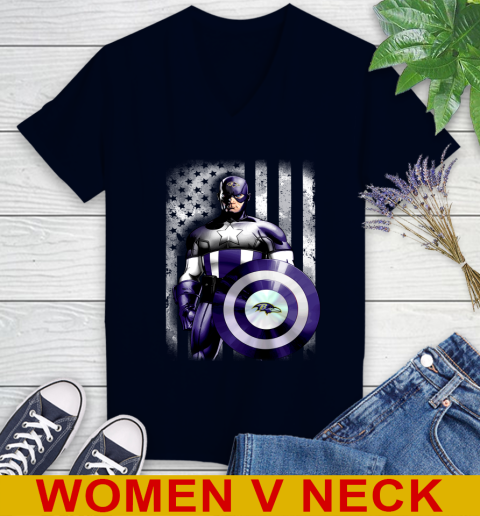 Baltimore Ravens NFL Football Captain America Marvel Avengers American Flag Shirt Women's V-Neck T-Shirt 2