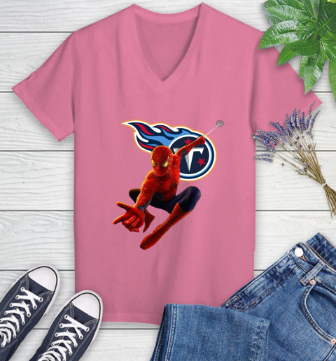 NFL Spider Man Avengers Endgame Football Tennessee Titans Women's V-Neck T-Shirt 13