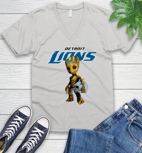 Detroit Lions NFL Football Groot Marvel Guardians Of The Galaxy V-Neck T-Shirt