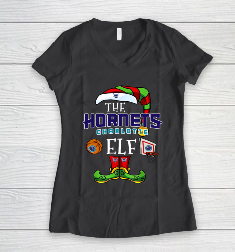 Charlotte Hornets Christmas ELF Funny NBA Women's V-Neck T-Shirt 6