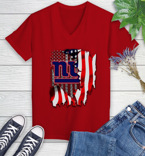New York Giants NFL Football American Flag Women's V-Neck T-Shirt 11