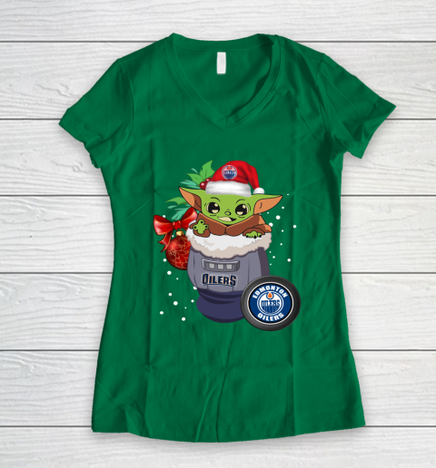 Edmonton Oilers Christmas Baby Yoda Star Wars Funny Happy NHL Women's V-Neck T-Shirt 5