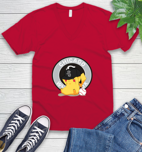 MLB Pikachu Baseball Sports Chicago White Sox V-Neck T-Shirt 7