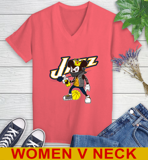 Utah Jazz NBA Basketball Mickey Peace Sign Sports Women's V-Neck T-Shirt 7