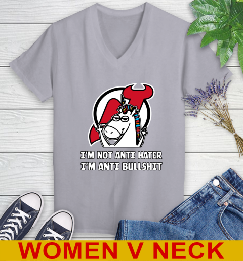 New Jersey Devils NHL Hockey Unicorn I'm Not Anti Hater I'm Anti Bullshit Women's V-Neck T-Shirt 6 New Jersey Devils NHL Hockey Unicorn I'm Not Anti Hater I'm Anti Bullshit Women's V-Neck T-Shirt - Image 6