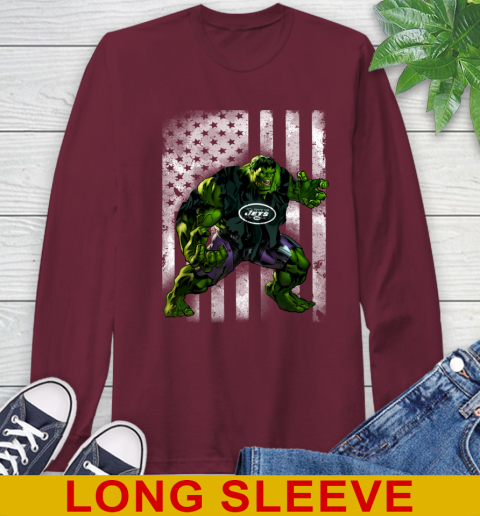 New York Jets Hulk Marvel Avengers NFL Football American Flag Long Sleeve T-Shirt 7