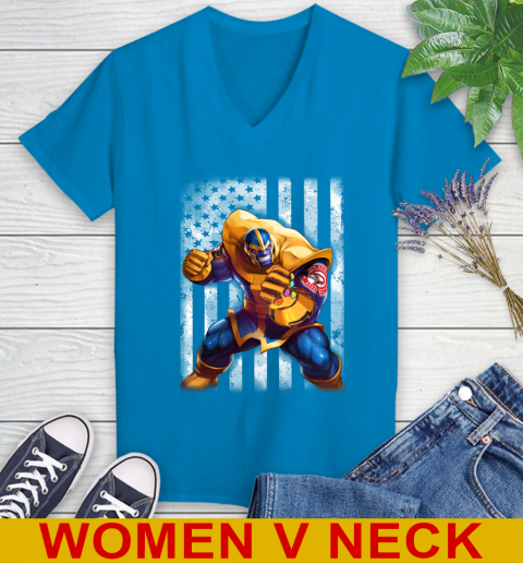 NBA Basketball Atlanta Hawks Thanos Marvel American Flag Shirt Women's V-Neck T-Shirt - Image 8