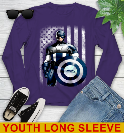 Seattle Seahawks NFL Football Captain America Marvel Avengers American Flag Shirt Youth Long Sleeve 4