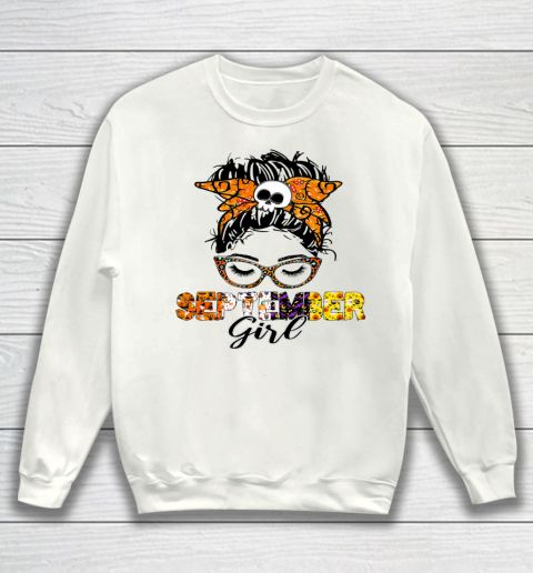 September Girl Woman Face Wink Eyes Halloween Skull Pumpkin Sweatshirt