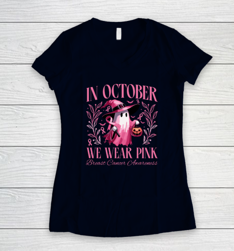 In October We Wear Pink Witch Ghost Pumpkin Breast Cancer Women's V-Neck T-Shirt 2