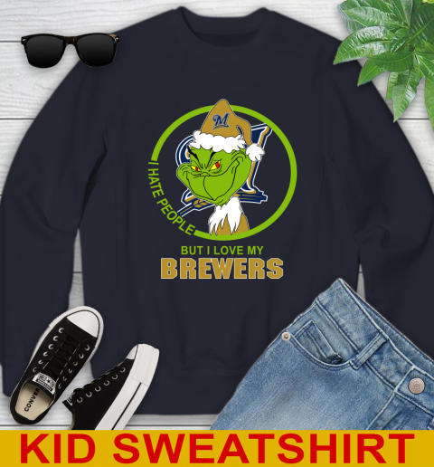 Milwaukee Brewers MLB Christmas Grinch I Hate People But I Love My Favorite Baseball Team Youth Sweatshirt 3