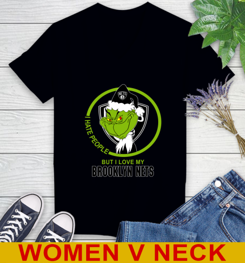 Brooklyn Nets NBA Christmas Grinch I Hate People But I Love My Favorite Basketball Team Women's V-Neck T-Shirt 2