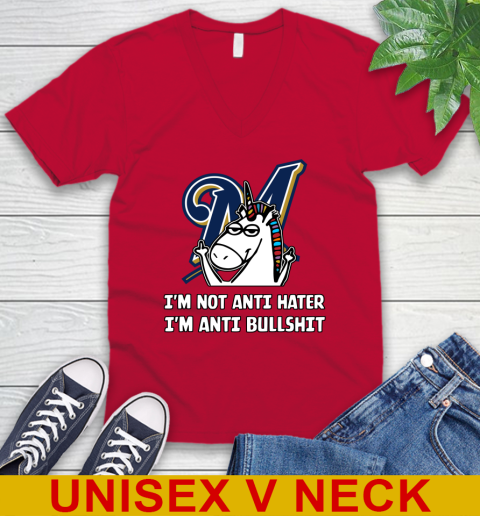 Milwaukee Brewers MLB Baseball Unicorn I'm Not Anti Hater I'm Anti Bullshit V-Neck T-Shirt 7