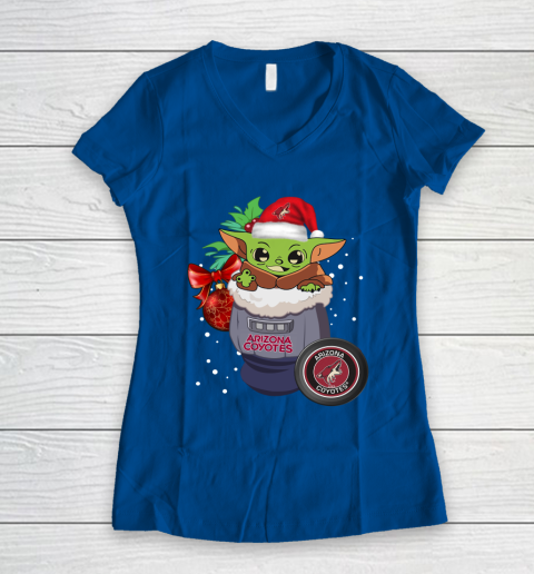 Arizona Coyotes Christmas Baby Yoda Star Wars Funny Happy NHL Women's V-Neck T-Shirt 9