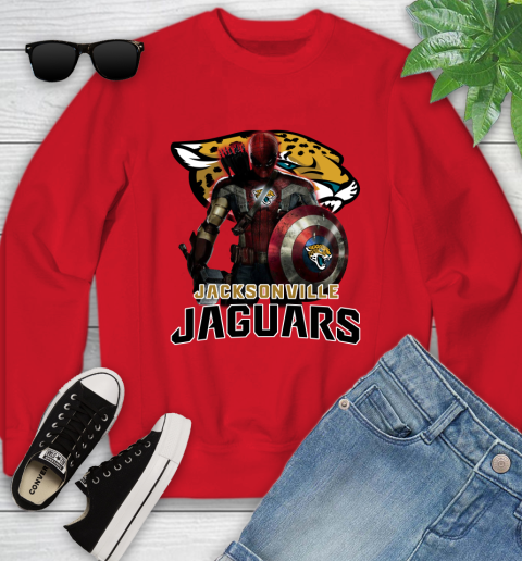 NFL Captain America Thor Spider Man Hawkeye Avengers Endgame Football Jacksonville Jaguars Youth Sweatshirt 9