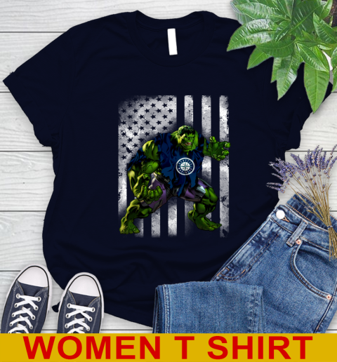 Seattle Mariners Hulk Marvel Avengers MLB Baseball American Flag Women's T-Shirt 2