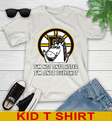 Boston Bruins NHL Hockey Unicorn I'm Not Anti Hater I'm Anti Bullshit Youth T-Shirt 12
