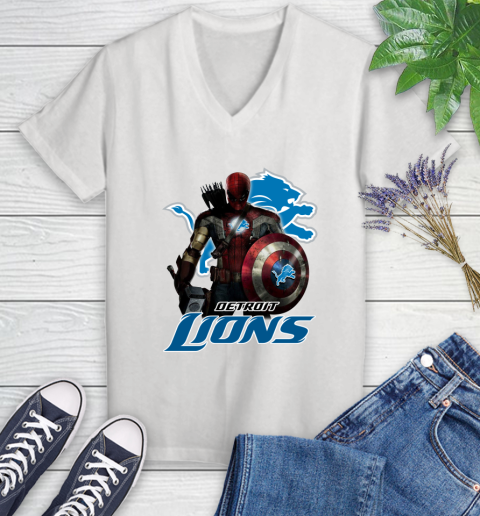 NFL Captain America Thor Spider Man Hawkeye Avengers Endgame Football Detroit Lions Women's V-Neck T-Shirt