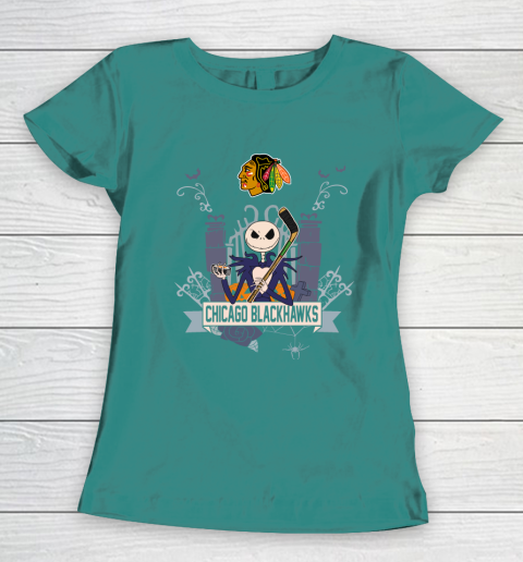 NHL Chicago Blackhawks Hockey Jack Skellington Halloween Women's T-Shirt 10