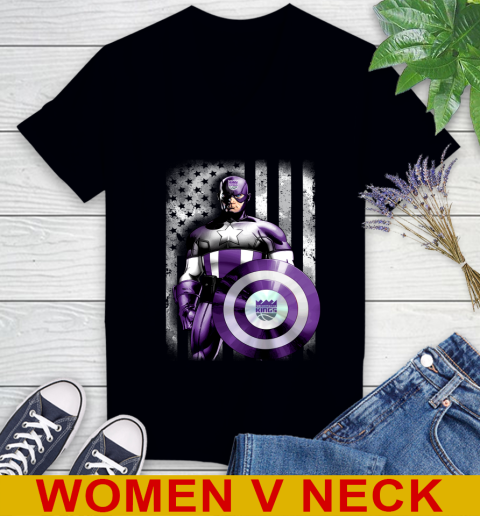 Sacramento Kings NBA Basketball Captain America Marvel Avengers American Flag Shirt Women's V-Neck T-Shirt