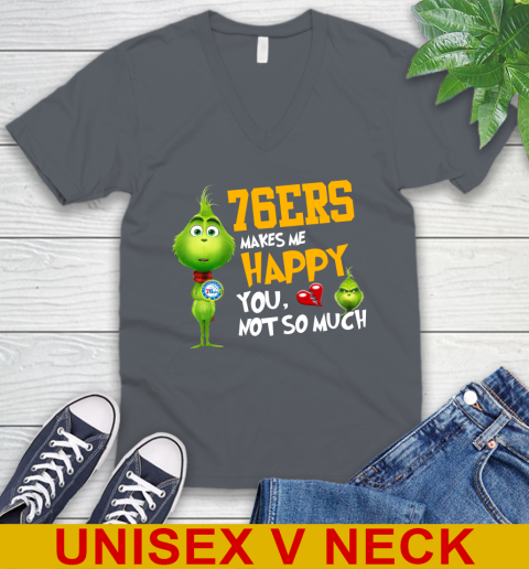 NBA Philadelphia 76ers Makes Me Happy You Not So Much Grinch Basketball Sports V-Neck T-Shirt 4