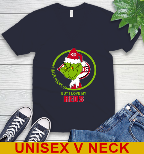Cincinnati Reds MLB Christmas Grinch I Hate People But I Love My Favorite Baseball Team V-Neck T-Shirt 3