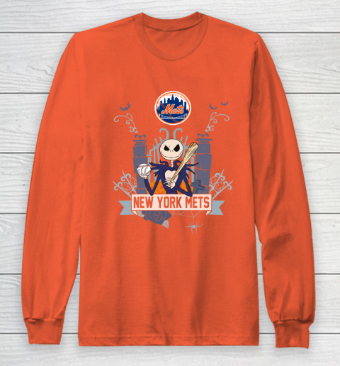 MLB New York Mets Baseball Jack Skellington Halloween Long Sleeve T-Shirt 3