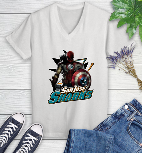 NHL Captain America Thor Spider Man Hawkeye Avengers Endgame Hockey San Jose Sharks Women's V-Neck T-Shirt