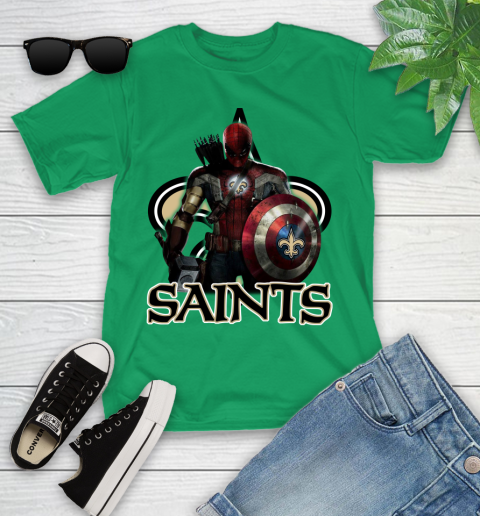 NFL Captain America Thor Spider Man Hawkeye Avengers Endgame Football New Orleans Saints Youth T-Shirt 6