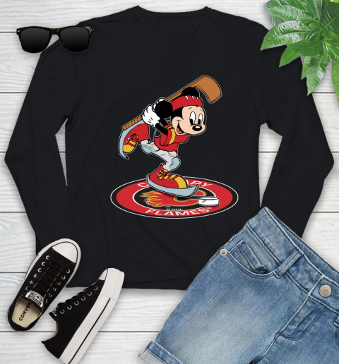NHL Hockey Calgary Flames Cheerful Mickey Disney Shirt Youth Long Sleeve