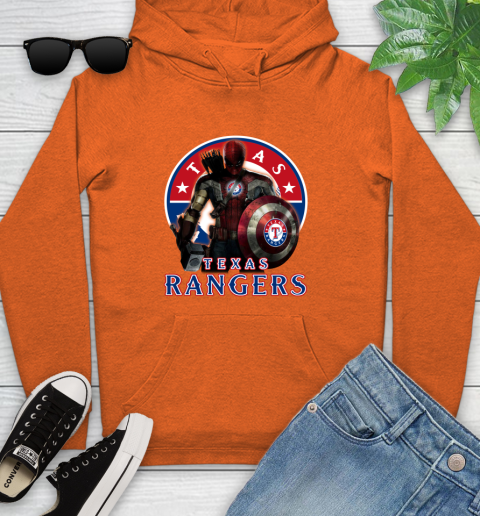 MLB Captain America Thor Spider Man Hawkeye Avengers Endgame Baseball Texas Rangers Youth Hoodie 5