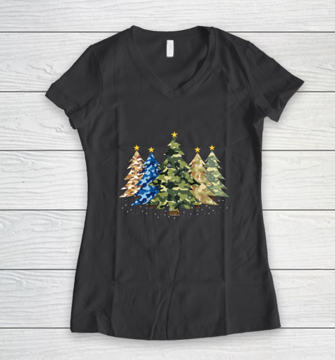 Camo Print Christmas Trees with Camouflage Print Xmas Women's V-Neck T-Shirt 6