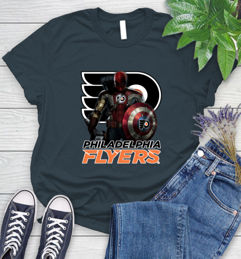 NHL Captain America Thor Spider Man Hawkeye Avengers Endgame Hockey Philadelphia Flyers Women's T-Shirt 8