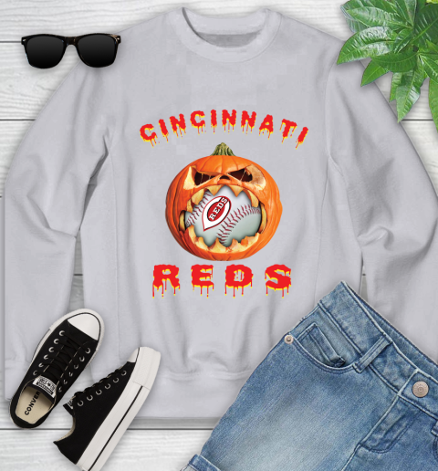 MLB Cincinnati Reds Halloween Pumpkin Baseball Sports Youth Sweatshirt 4